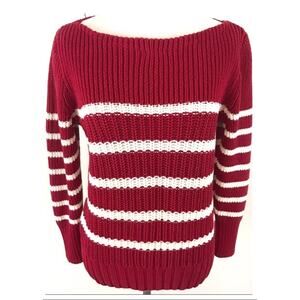 J. Crew Chunky Knit Nautical Dark Red White Stripe Boatneck Pullover Sweater XS